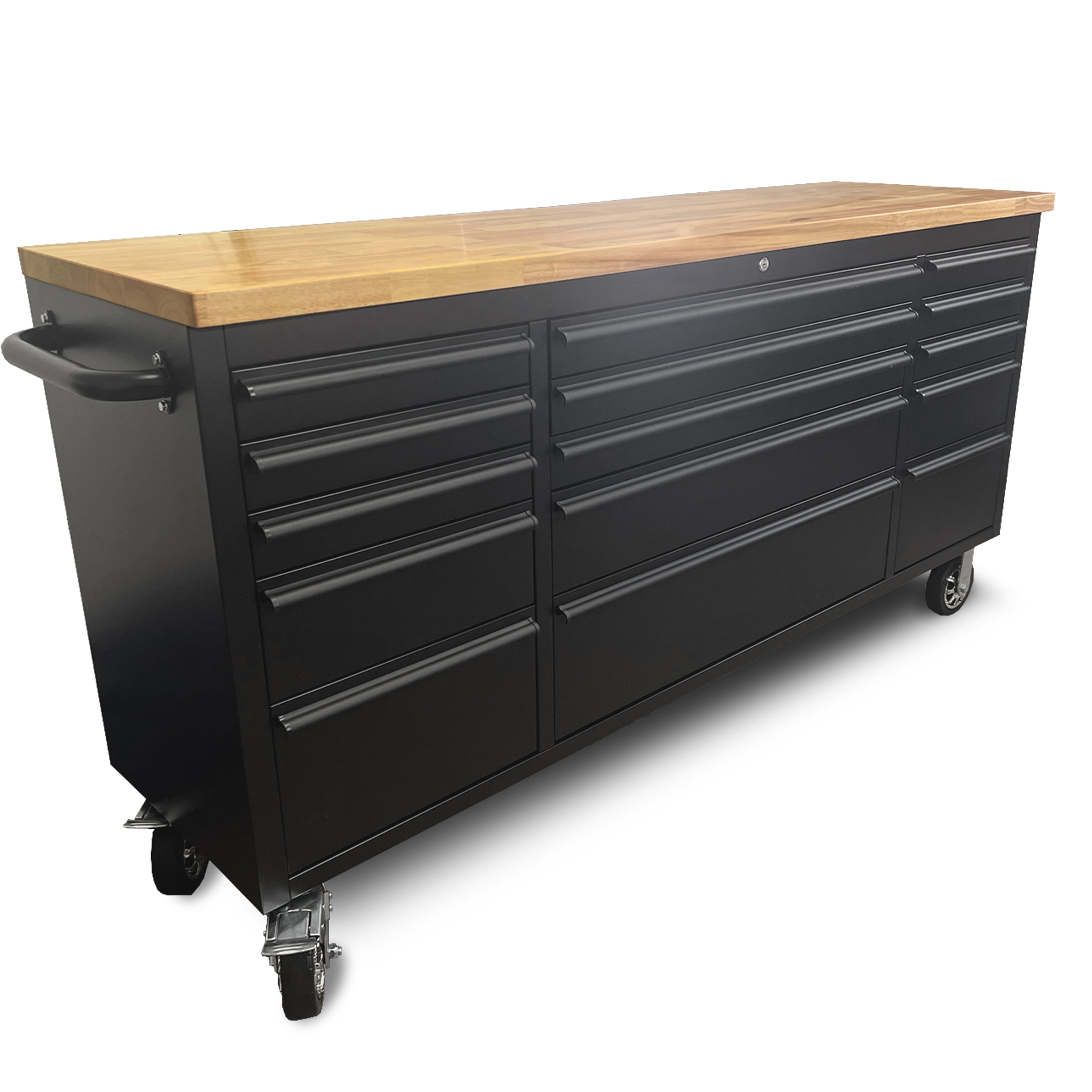 72 Powder Coated Matte Black Steel Tool Chest Box 15 Drawers Solid Wooden Top