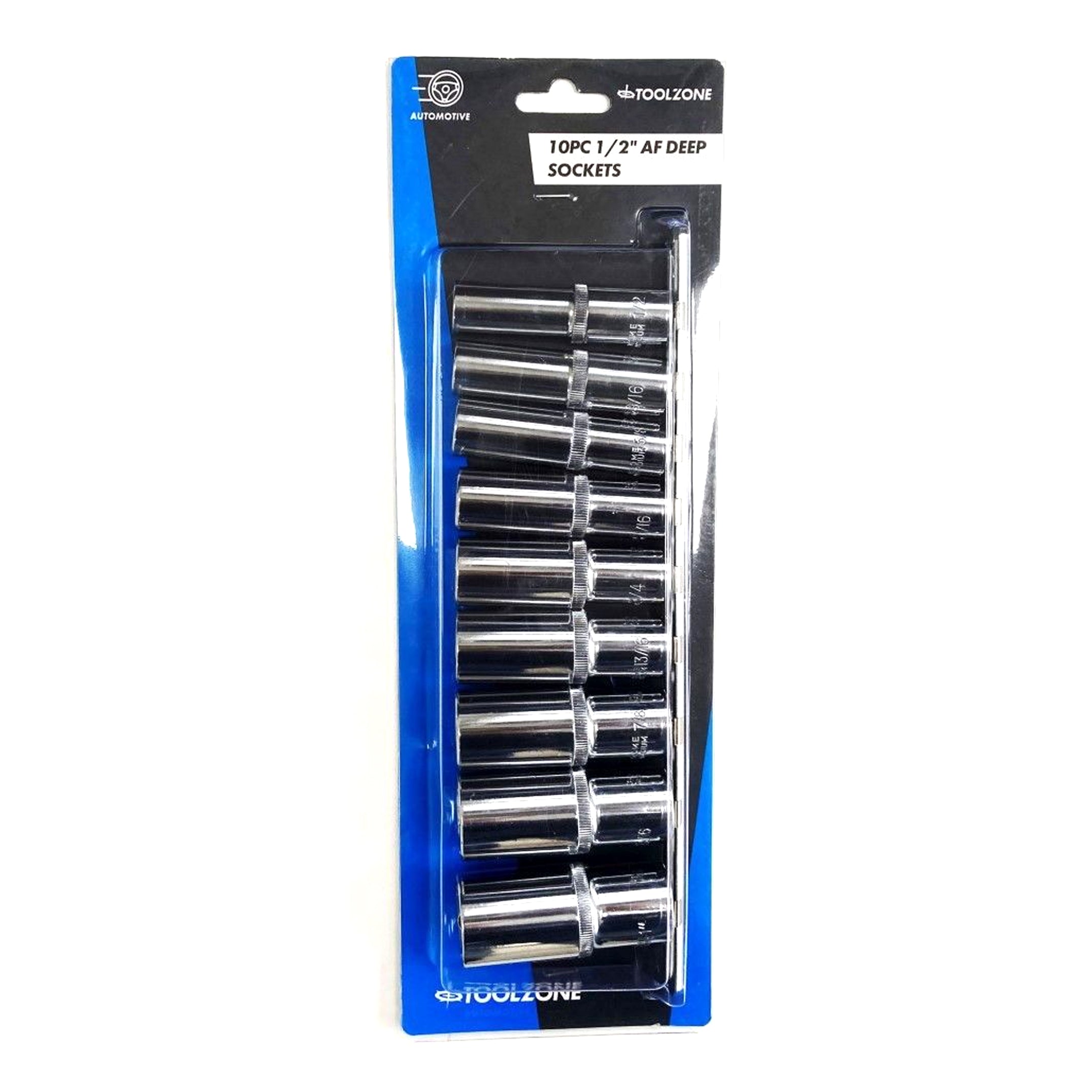 SOCKET SET DEEP 1/2 DRIVE AF 10 PIECES CRV POLISHED - TOOLZONE KDPSS219