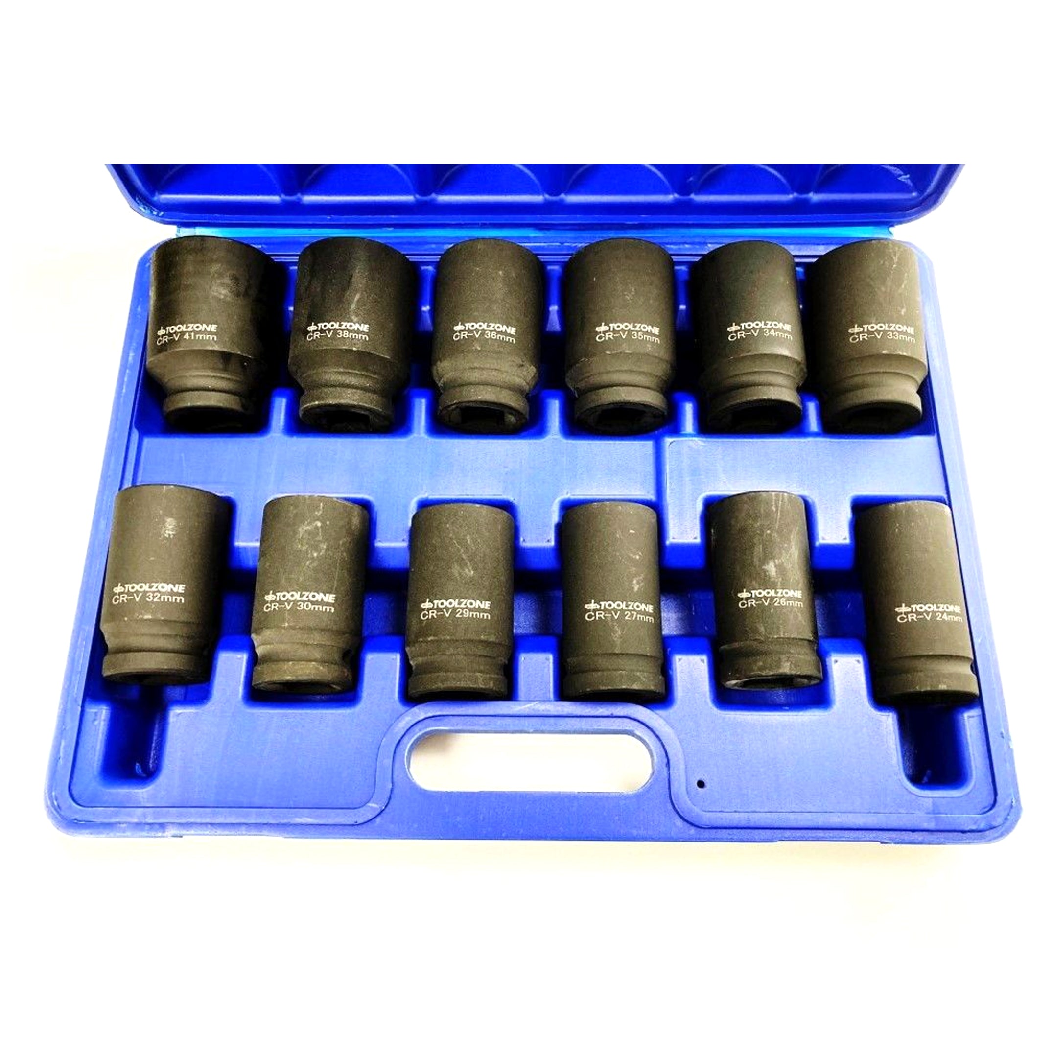 IMPACT SOCKET SET DEEP 3/4 DRIVE 12 PIECES 24mm-41mm CRV 80mm BLACK FINISH - TOOLZONE KDPSS235