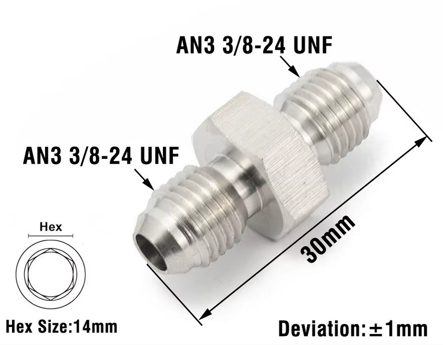3/8UNF Male X 3/8UNF Male, Stainless Steel, AN3 Brake Hose Joiner
