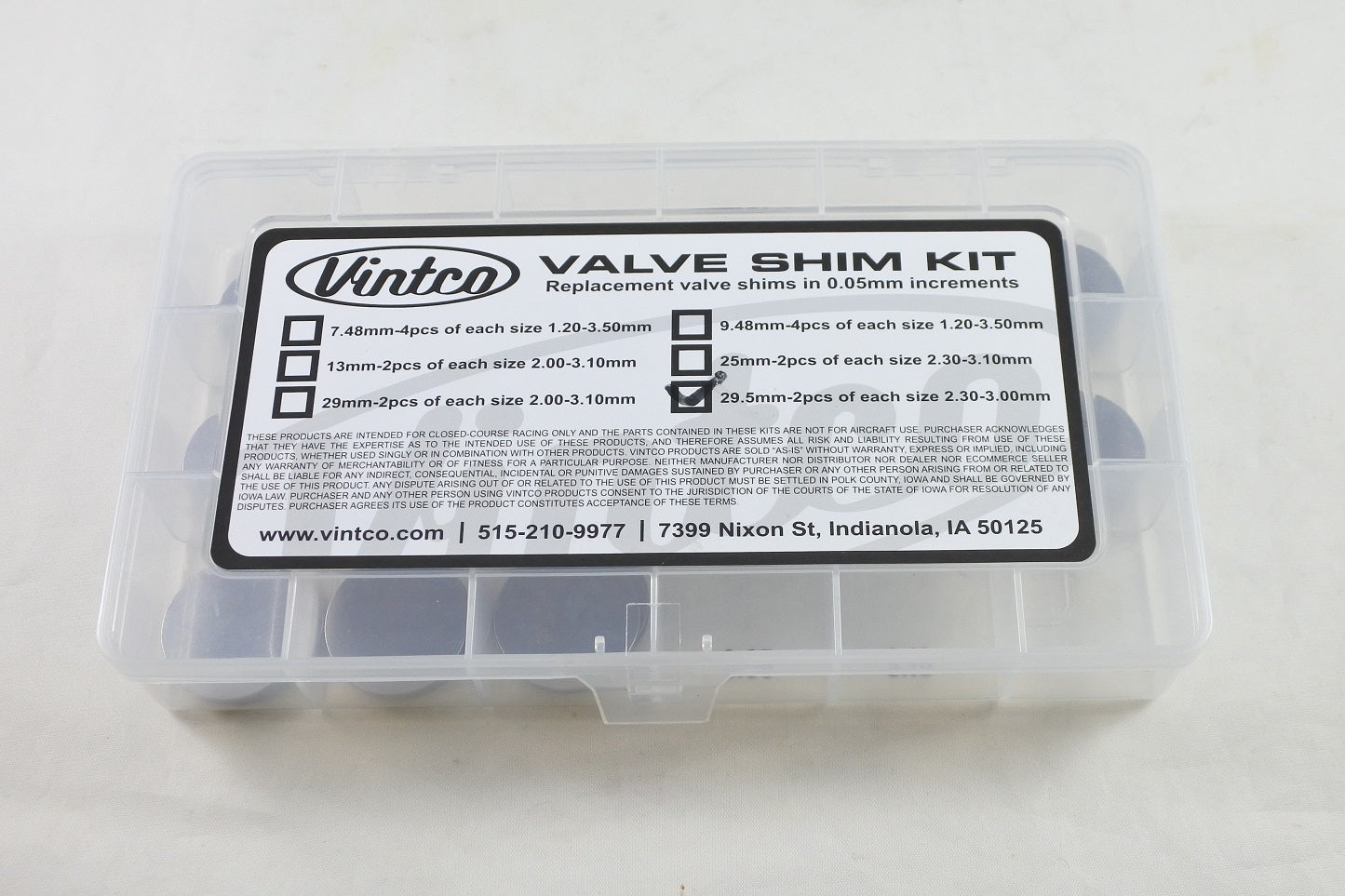 VALVE SHIM KIT 29.5mm 2.30-3.00mm 0.05mm INCREMENTS VINTCO 29.5SHIMKIT
