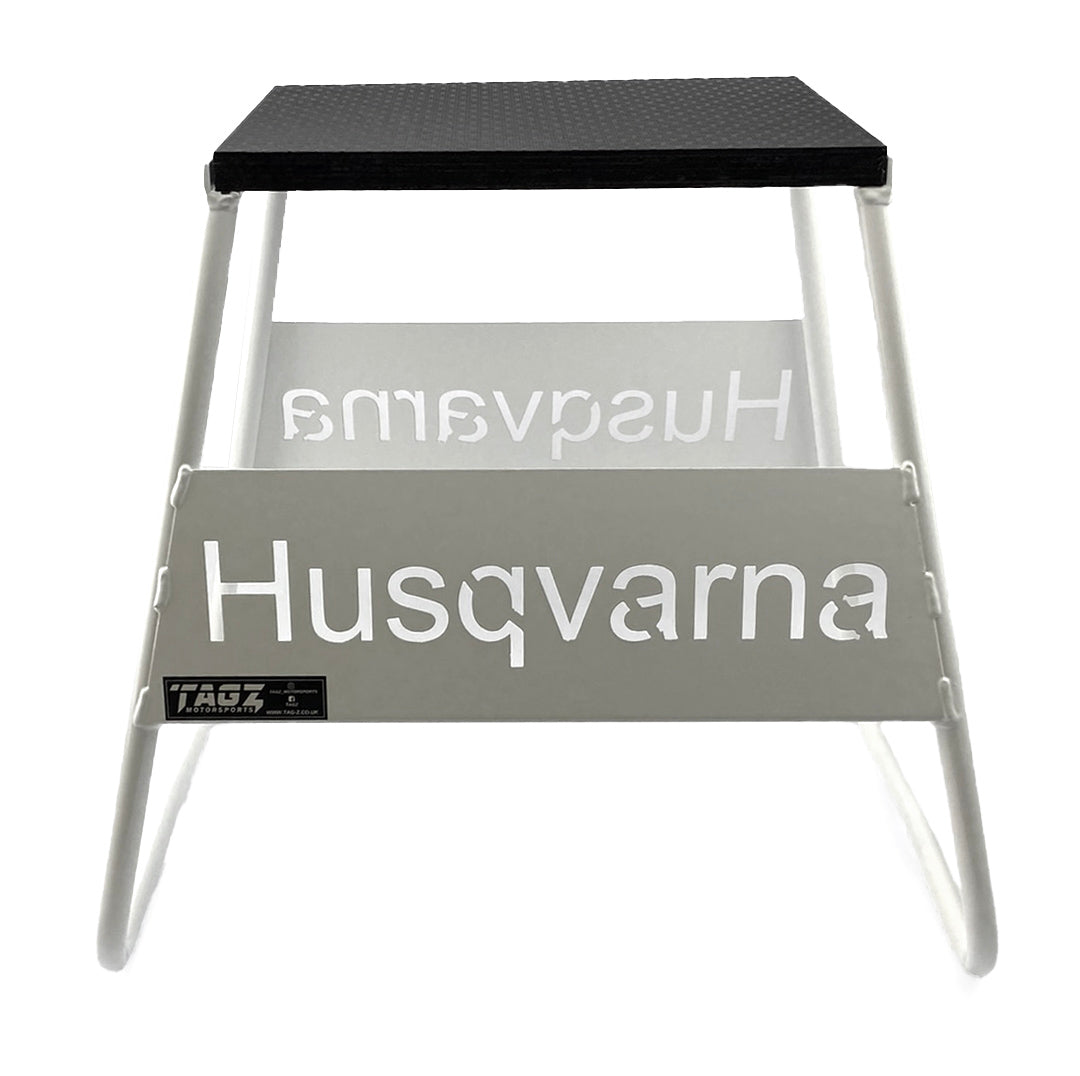 STAND 440 WHITE HUSQVARNA LOGO, MX LOGO STAND, SHOW ROOM STAND