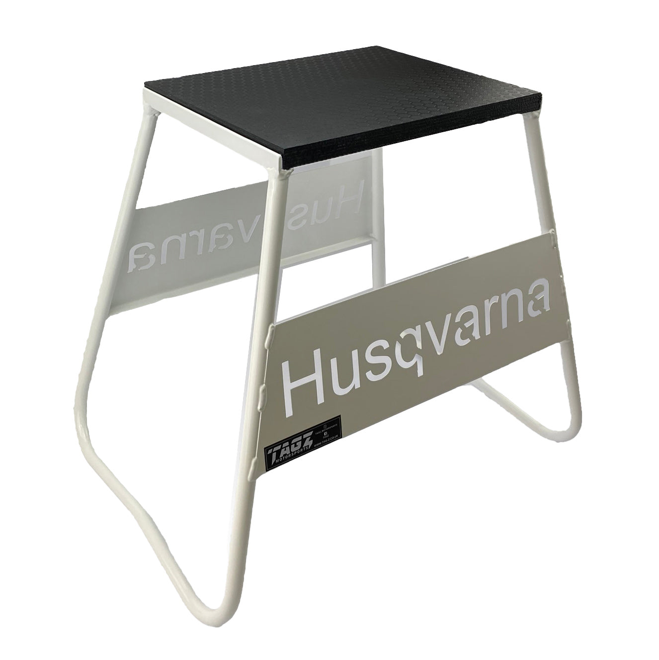 STAND 440 WHITE HUSQVARNA LOGO, MX LOGO STAND, SHOW ROOM STAND
