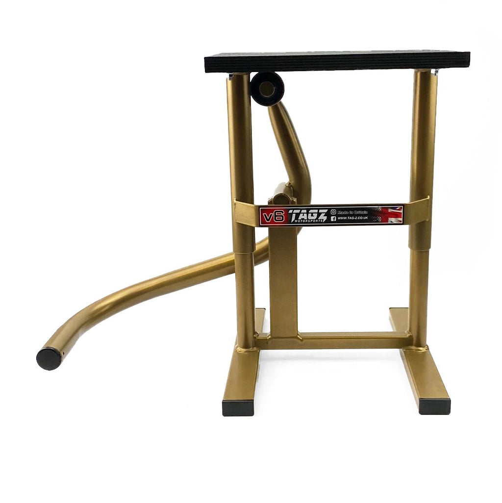 HD JACK-UP-STAND TWIN LEG v5, MX & ENDURO 125>625CC GOLD, LARGE STAND 440mm HIGH MX
