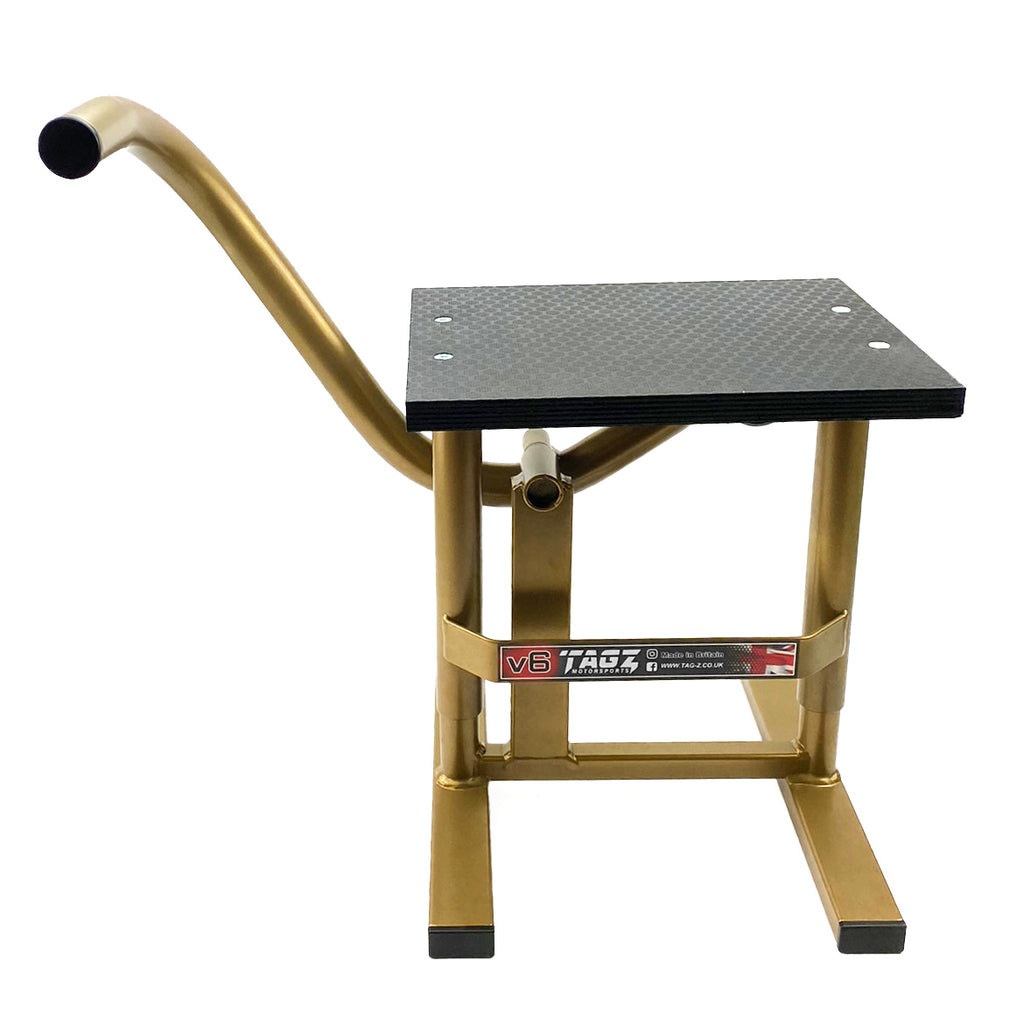 HD JACK-UP-STAND TWIN LEG v5, MX & ENDURO 125>625CC GOLD, LARGE STAND 440mm HIGH MX