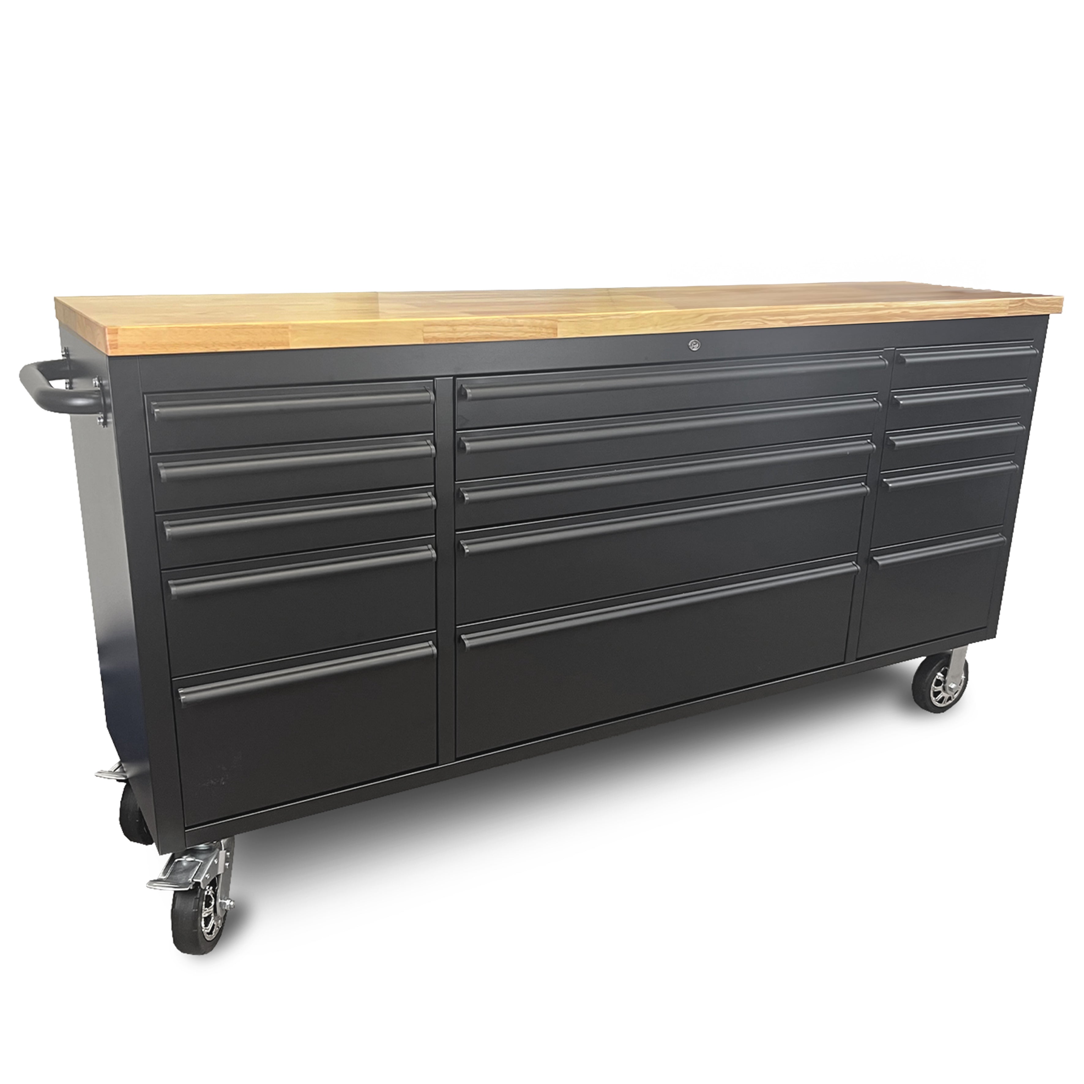72 Powder Coated Matte Black Steel Tool Chest Box 15 Drawers Solid Wooden Top