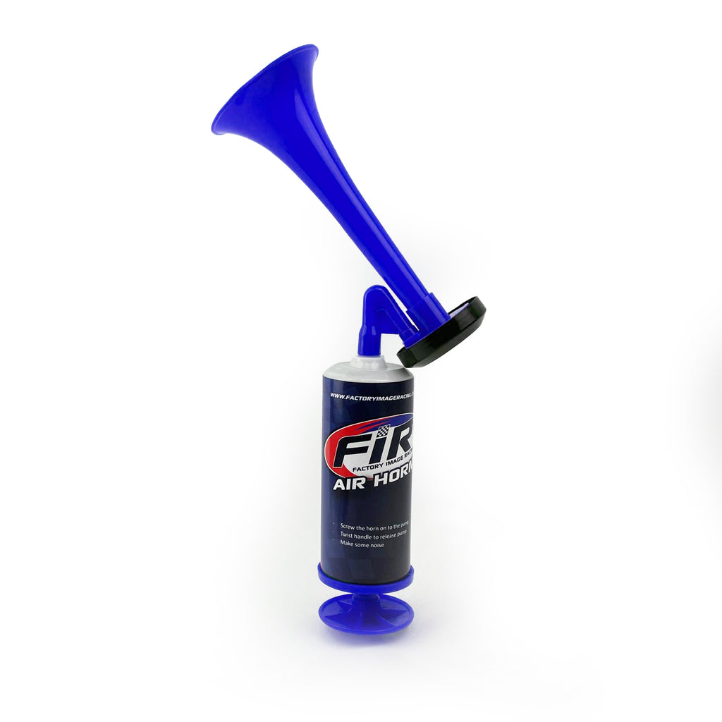 BLUE AIR HORN TOY HAND HELD PUSH PUMP NO GAS NEEDED SPORTS AND RACE EVENTS