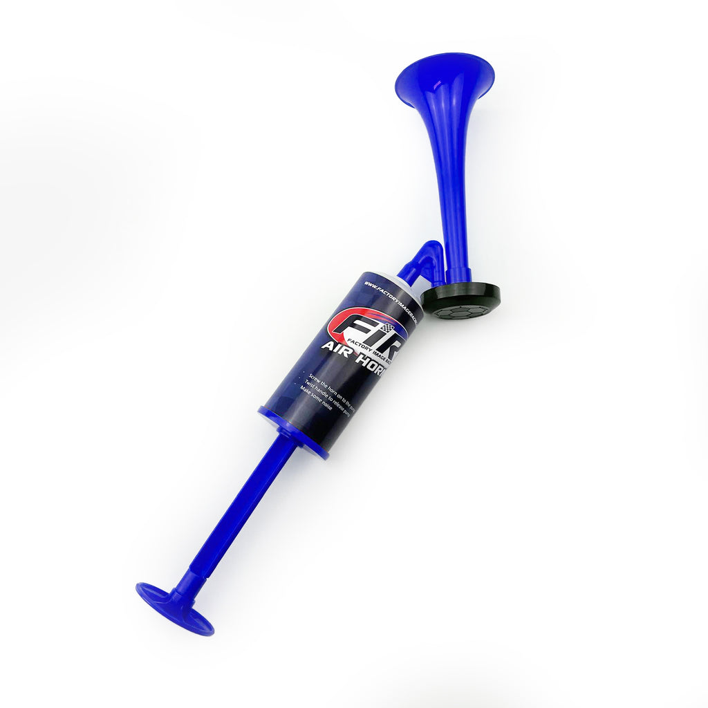 BLUE AIR HORN TOY HAND HELD PUSH PUMP NO GAS NEEDED SPORTS AND RACE EVENTS