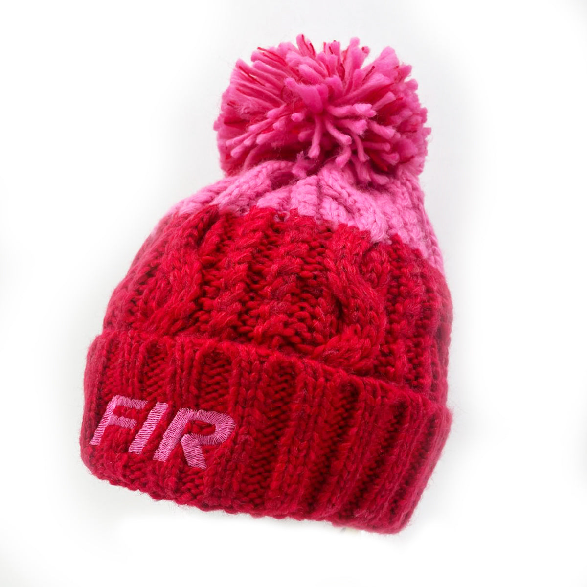 Pink Fir Text- Pink/Red Bobble Hat - One Size