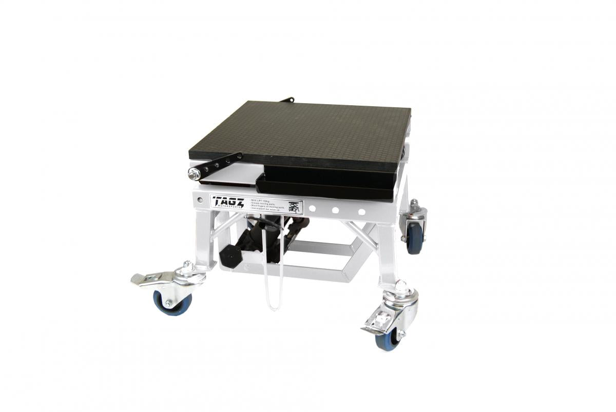 TAGZ WHEEL ABOUT LIFT 150KG (FREIGHT), WHITE/BLACK HYDRAULIC SCISSOR STAND, MAX LIFT WEIGHT 150KG