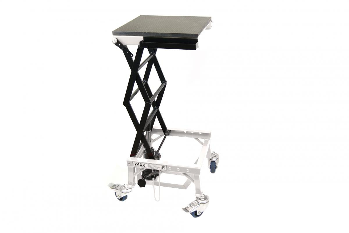 TAGZ WHEEL ABOUT LIFT 150KG (FREIGHT), WHITE/BLACK HYDRAULIC SCISSOR STAND, MAX LIFT WEIGHT 150KG