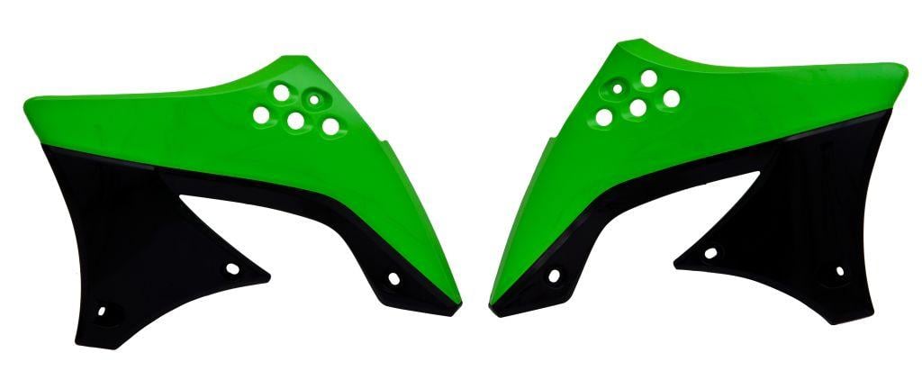 RADIATOR SCOOPS 09-11 KX450F, RTECH R-CVKXFVENR49, GREEN TOP/BLACK BOTTOM