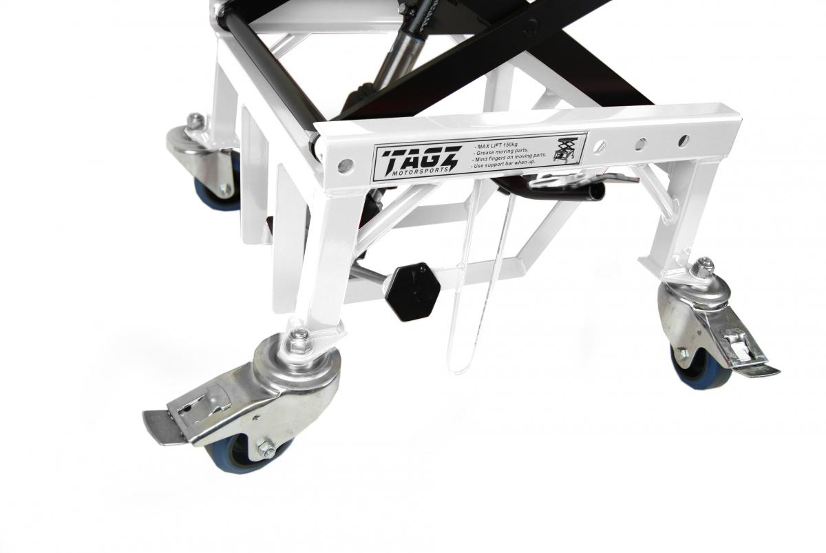 TAGZ WHEEL ABOUT LIFT 150KG (FREIGHT), WHITE/BLACK HYDRAULIC SCISSOR STAND, MAX LIFT WEIGHT 150KG