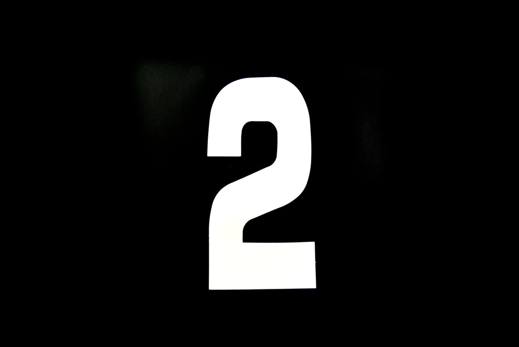RACE NUMBERS - 2 TWO - WHITE, PACK OF 100 / 15cm 6 / VINYL STICKER