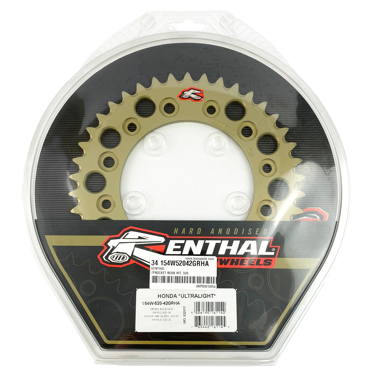 REAR SPROCKET ALLOY RENTHAL, ULTRALITE HARD ANODISED, TITANIUM 154W-520-42GRHA