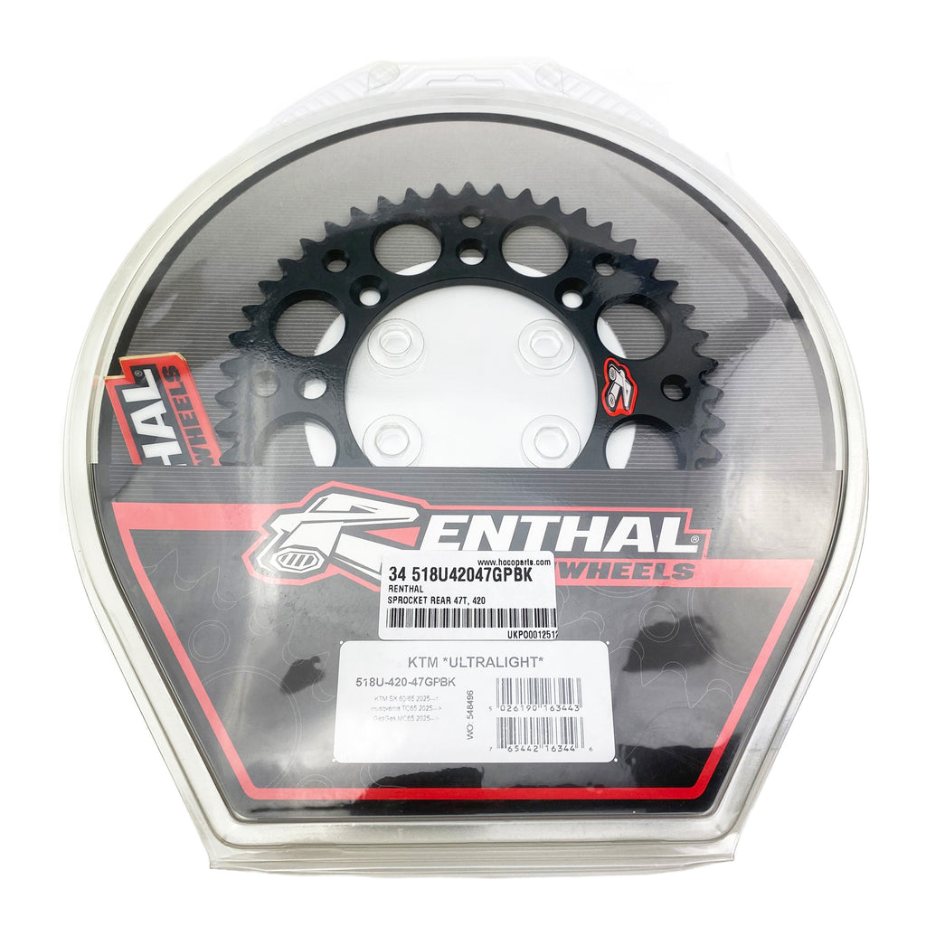 REAR SPROCKET BLACK ALLOY RENTHAL 47T, 2025 GASGAS/HUSQVARNA/KTM, ULTRALITE 518U-420-47GPBK
