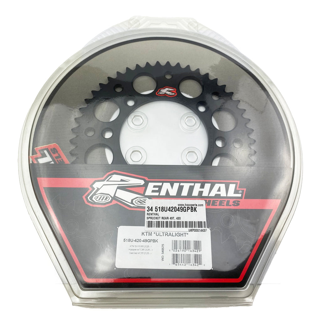 REAR SPROCKET BLACK ALLOY RENTHAL 49T, 2025 GASGAS/HUSQVARNA/KTM, ULTRALITE 518U-420-49GPBK