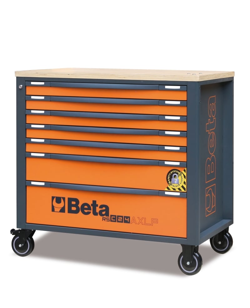Mobile Roller Cab 7 Drawers Wood Worktop Anti-Tilt System Long Model 1100kg Capacity - Beta Tools RSC24AXLP/7-O