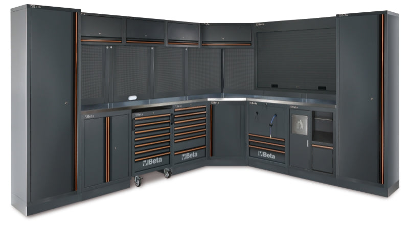Workshop Equipment Combination with Stainless Steel Worktops, Drawers, Tool Panels, and Cabinets - BetaC45PRO C45PRO FX