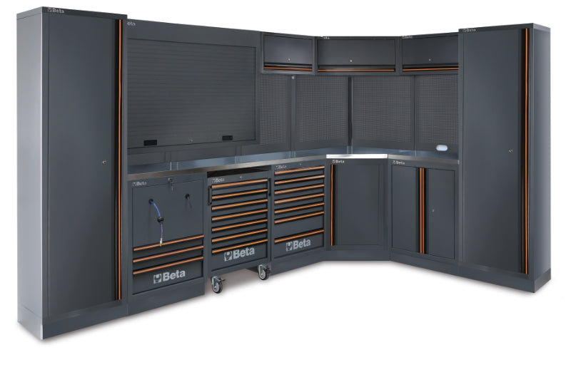 Workshop Equipment Combination with Stainless Steel Worktops, Drawers, Tool Panels, and Cabinets - BetaC45PRO C45PRO GX