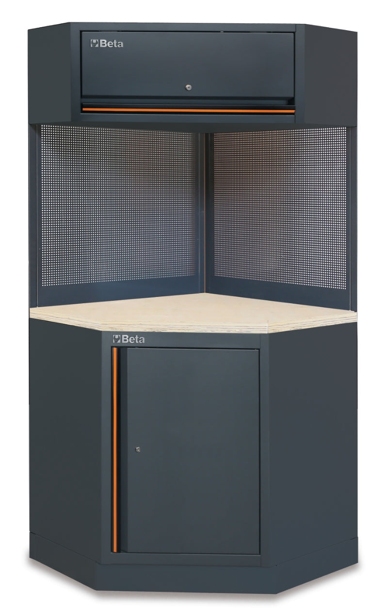 Self-Supporting Corner Unit with Locking Cabinet, Tool Panels, and Wood Worktop for Workshop - BetaC45PRO C45PRO CORNER/W