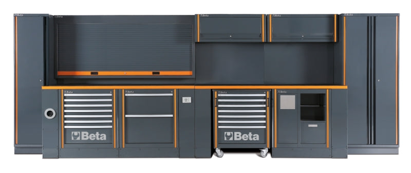 Comprehensive Workshop Equipment Set with Cabinets, Workbenches, Mobile Roller Cab, Tool Panels, 5.4x2.00x0.76m - BetaRSC55 C55