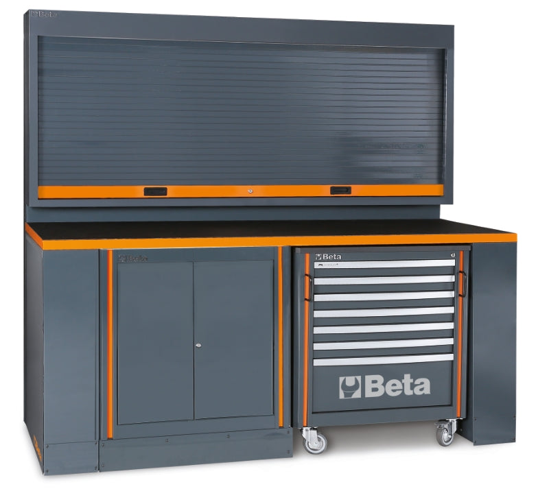 Workshop Workstation with Workbench, 7-Drawer Mobile Roller Cab, Two-Door Module, Tool Wall System with Shutter, 2050x700mm Worktop - BetaRSC55 C55PB-PRO/8