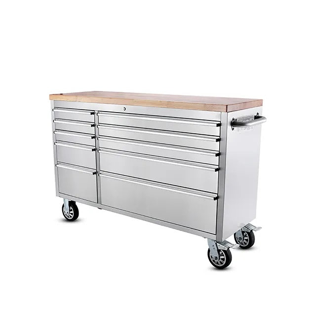 55 Stainless Steel Tool Chest Box 10 Drawers Solid Wooden Top