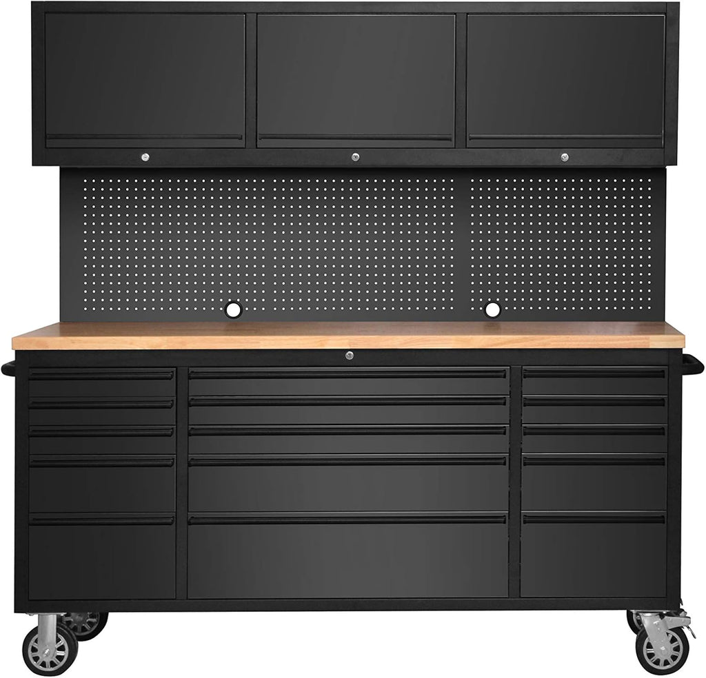 72 Matte Black Steel 15 Drawer Tool Chest with Solid Wooden Top, 3 Upper Cabinets and Peg Board