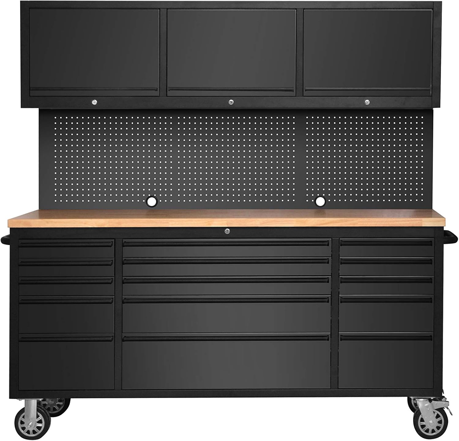 72 Matte Black Steel 15 Drawer Tool Chest with Solid Wooden Top, 3 Upper Cabinets and Peg Board