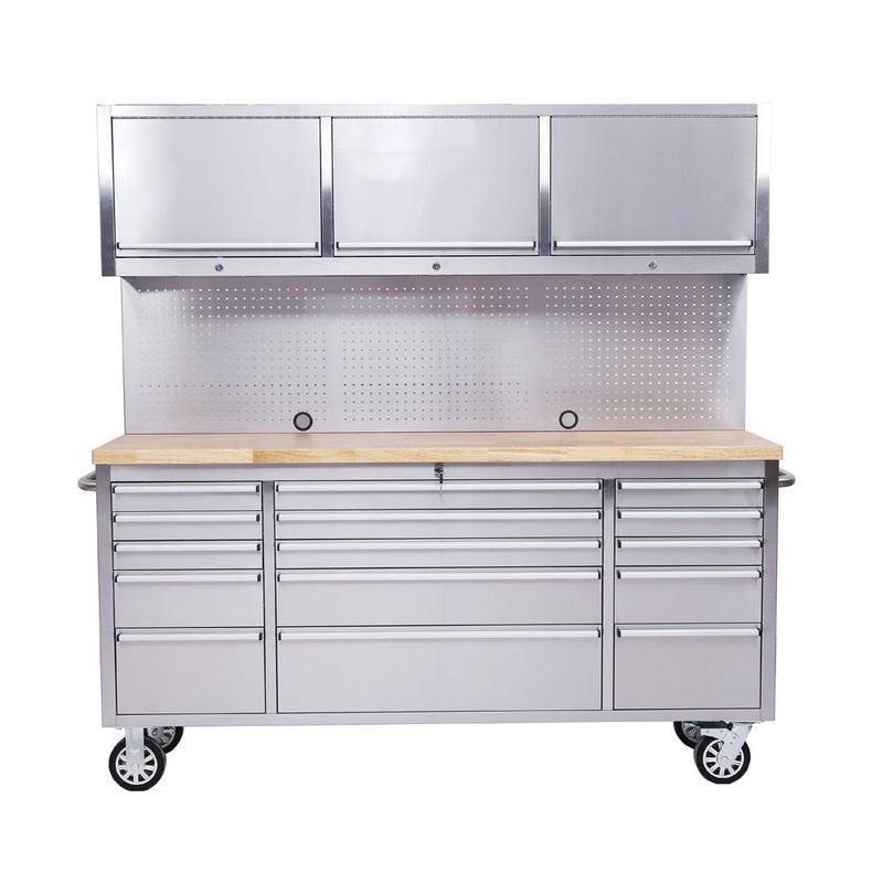72 Stainless Steel 15 Drawer Tool Chest with Solid Wooden Top, 3 Upper Cabinets and Peg Board