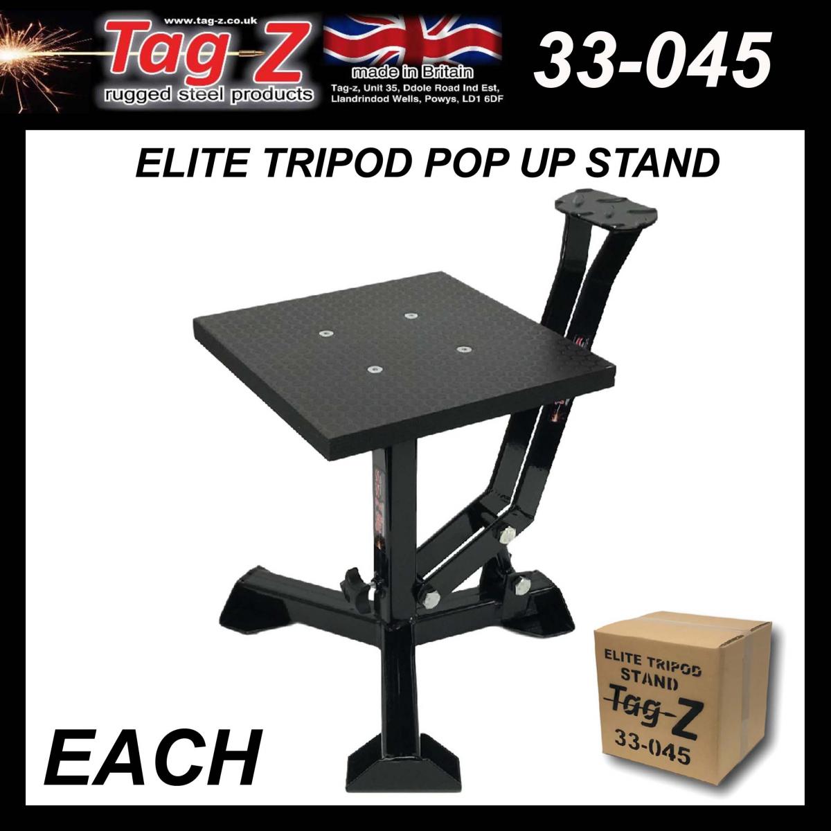 ELITE TRIPOD POP UP STAND, BIG FEET / GLOSS BLACK / TAG-Z, MX STAND PIT PADDOCK ENDURO