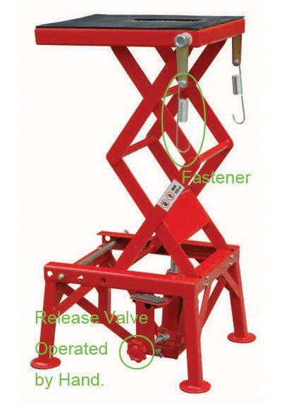 MOTORCYCLE LIFT HDY 135KGS, RED HYDRAULIC SCISSOR STAND, MAX LIFT WEIGHT 135 KGS