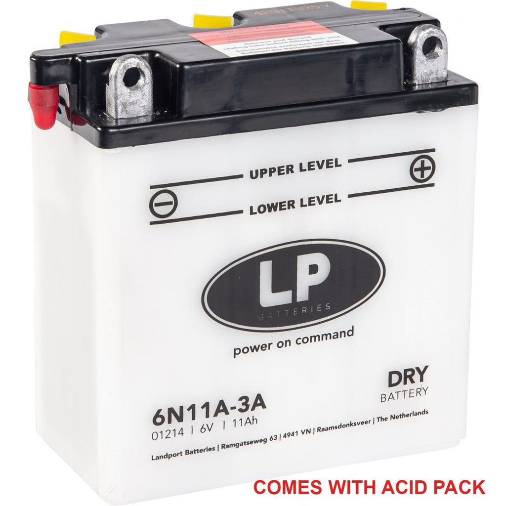 BATTERY 6N11A-3A 6V 11AH, LANDPORT WITH ACID PACK, ROAD, MC MA 6N11A-3A