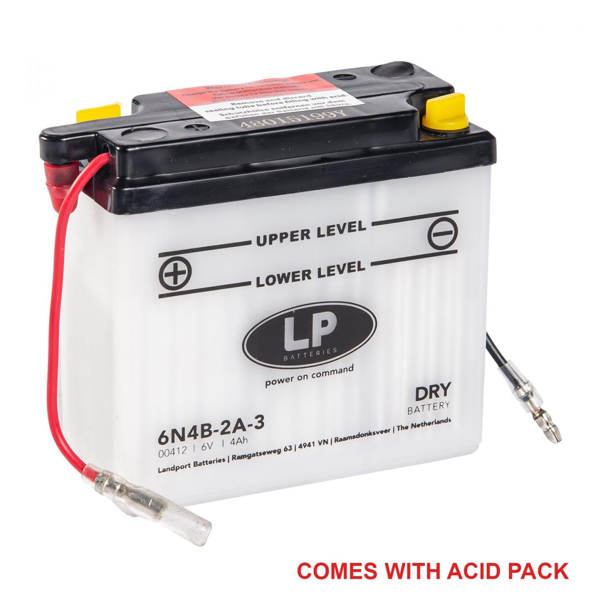 BATTERY 6N4B-2A-3 6V 4AH, LANDPORT 00412 WITH ACID PACK, ROAD, MC