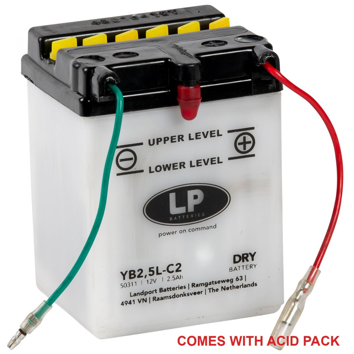 BATTERY YB2,5L-C2 12v 2.5Ah., LANDPORT WITH ACID PACK, ROAD, MC MA YB2.5L-C2
