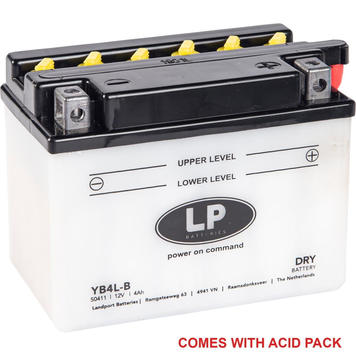 BATTERY YB4L-B 12V 4Ah., LANDPORT WITH ACID PACK, ROAD, MC MA YB4L-B, MD LB4L-B