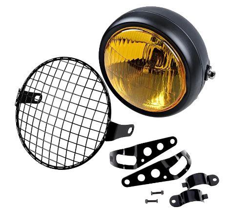 HEADLIGHT YELLOW CAFE RACER VINTAGE STYLE, WITH GRILLE AND MOUNTING BRACKET