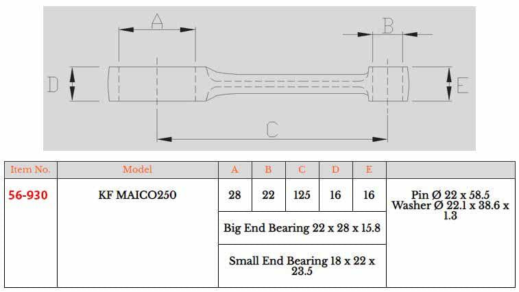 CONNECTING ROD KIT MAICO 250, RO-8208 125-18-22-16-16-58.5mm, NAMURA RX-12001, MX-09066