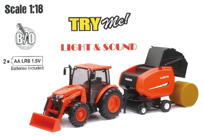 MODEL KUBOTA M5-111 WITH HAY BALER, B/O LIGHT & SOUND (TRY ME), SCALE 1:18, NEWRAY SS-33033