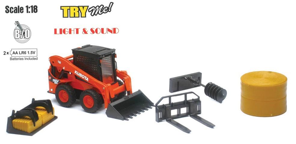 MODEL KUBOTA SSV65 SKID LOADER & PARTS, B/O LIGHT & SOUND (TRY ME), SCALE 1:18, NEWRAY SS-33133D