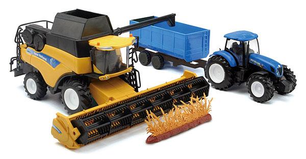 MODEL NEW HOLLAND HARVESTER CR9090, & TRACTOR T7.270 WITH TRAILER, SCALE 1:18, NEWRAY 05765