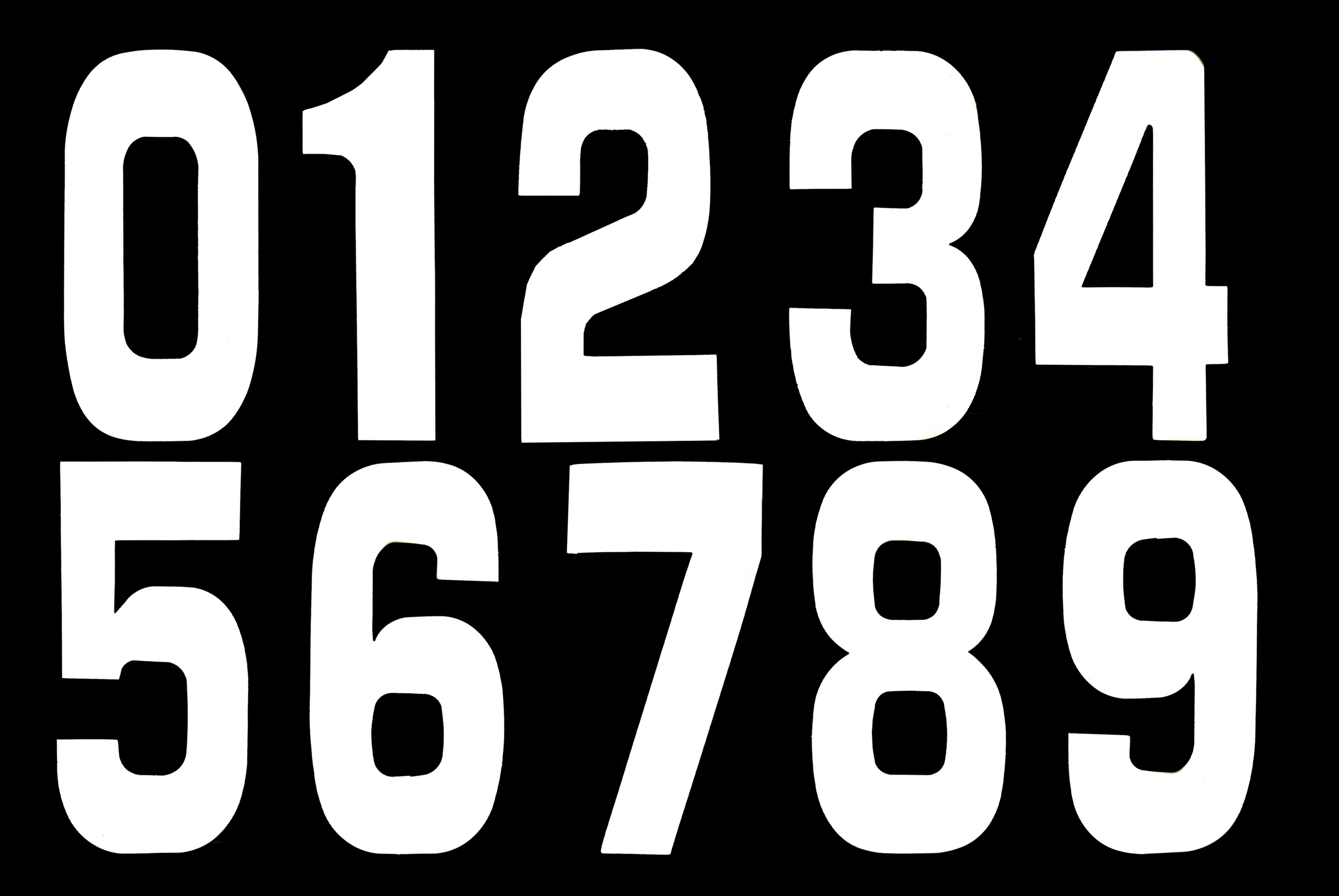 8 WHITE RACE NUMBERS 0-9, 25 OF EACH - PACK OF 250