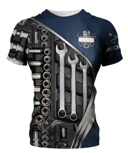T-SHIRT LARGE MECHANIC DESIGN BLACK BLUE UNISEX