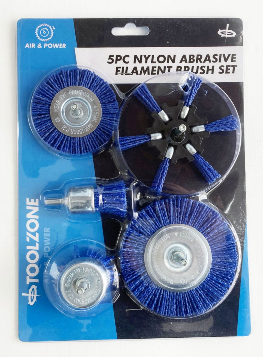 NYLON ABRASIVE FILAMENT BRUSH SET 5 PIECES 6mm SHANK - TOOLZONE KDPAB160