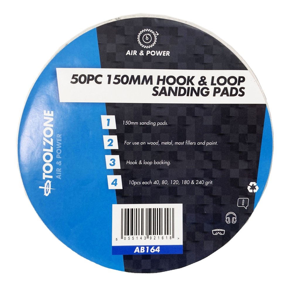 SANDING PADS HOOK AND LOOP 50 PIECES 150mm 40 80 120 180 240 GRIT - TOOLZONE KDPAB164