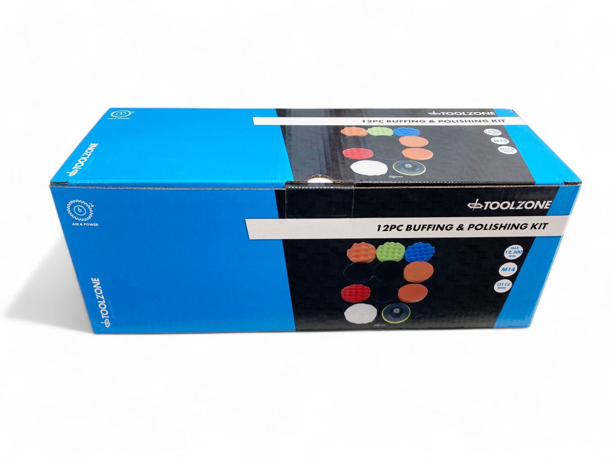 BUFFING AND POLISHING KIT 12 PIECES 115mm WITH HOOK AND LOOP ADAPTOR - TOOLZONE KDPAB172