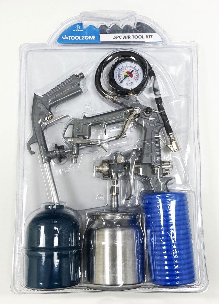AIR TOOL KIT 5 PIECES WITH SPRAY GUN NOZZLES 1.5mm AND 1.7mm - TOOLZONE KDPAT034