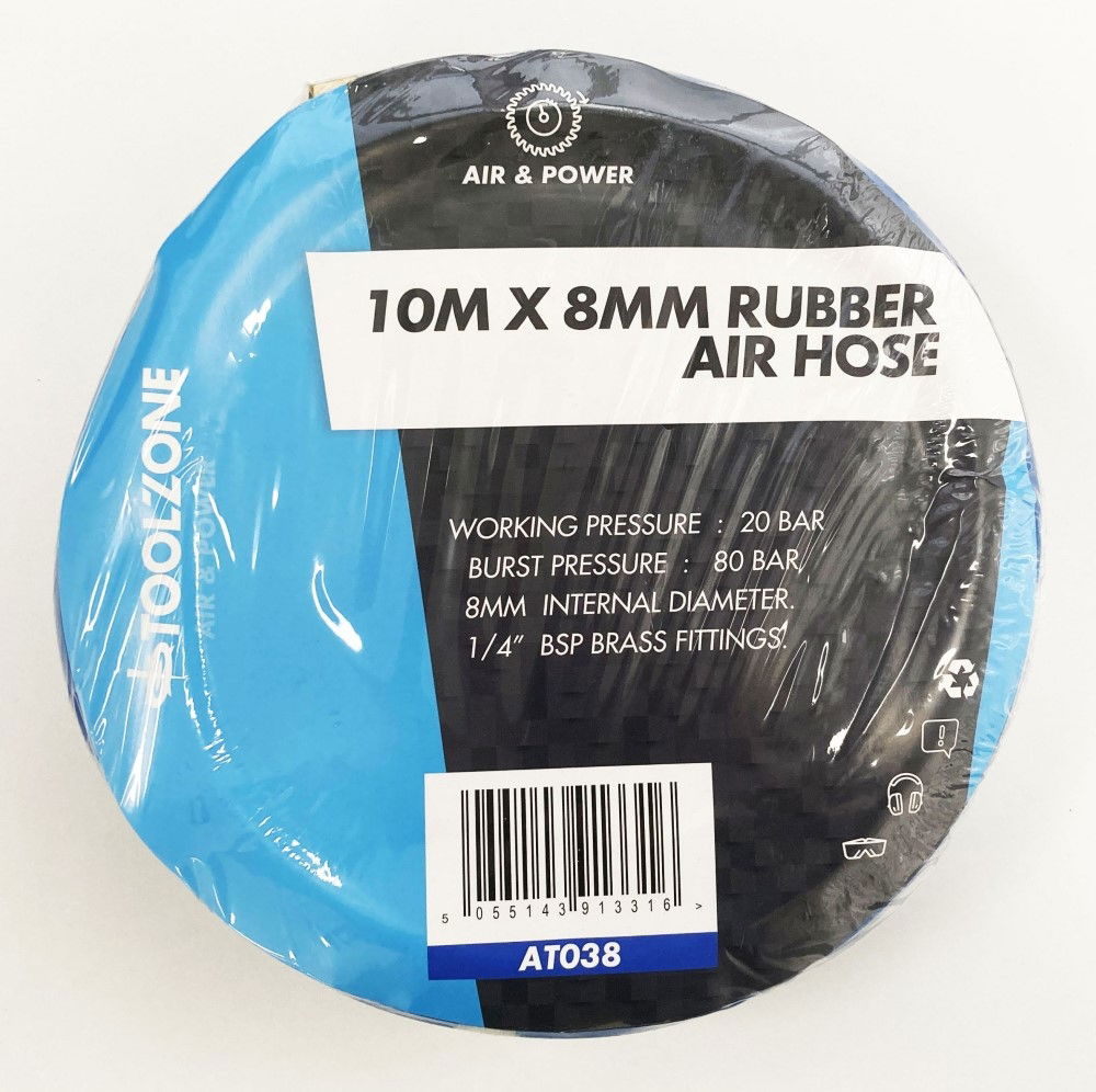 AIR HOSE 10m x 8mm HI VIS 1/4 BSP FITTINGS WORKING PRESSURE 20 bar - TOOLZONE KDPAT038