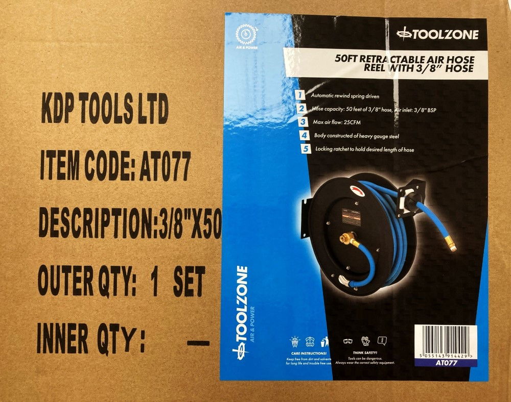 RETRACTABLE AIR HOSE ON REEL 3/8 x 50ft INLET/OUTLET 3/8 bsp WORKING PRESSURE 300 psi - TOOLZONE KDPAT077